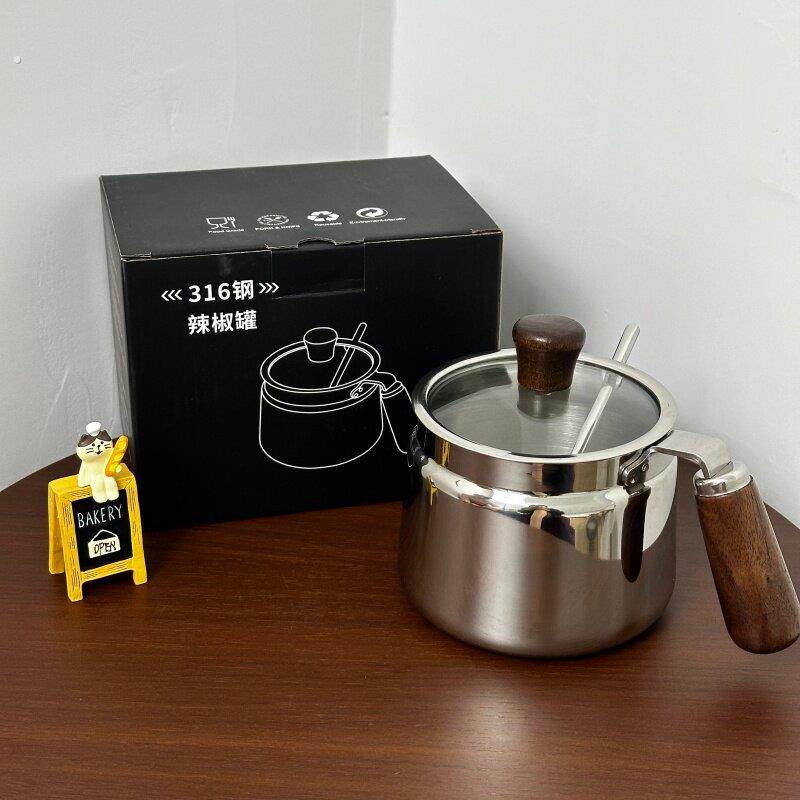 316不锈钢调味瓶辣椒油壶泼辣子厨房大容量耐高温调味罐佐料带勺