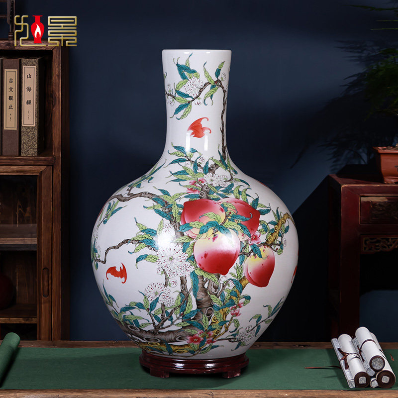 景德镇陶瓷器粉彩九桃花瓶中式插花仿古天球瓶客厅博古架摆件大号