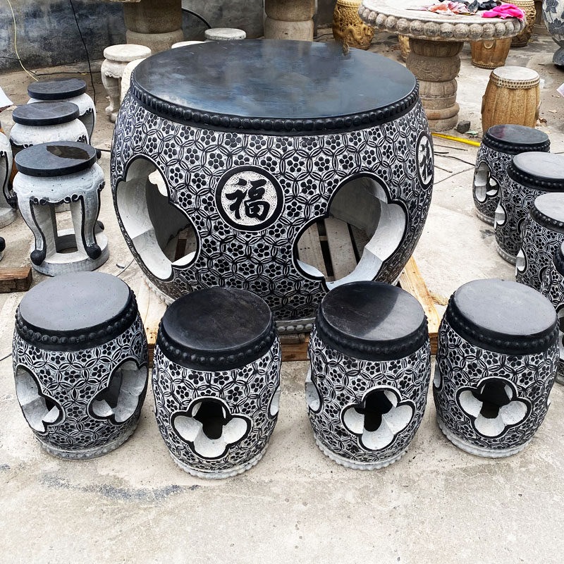 石桌石凳庭院一套花园家用仿古青石茶桌户外天然大理石中式圆桌凳