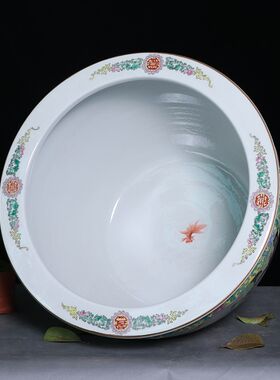 景德镇手绘粉彩人物陶瓷金鱼缸酒店开业礼品养乌龟荷花水浅装饰品