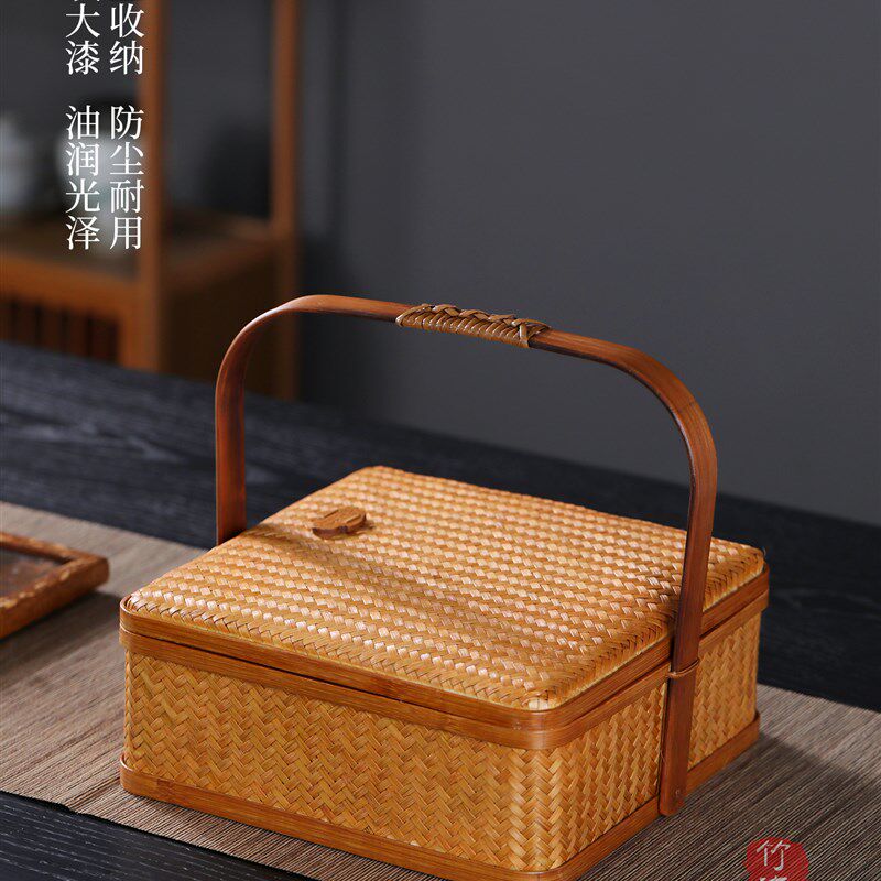 纯手工竹编提篮中式手提食盒茶具收纳篮子茶点篮水果点心礼品包装