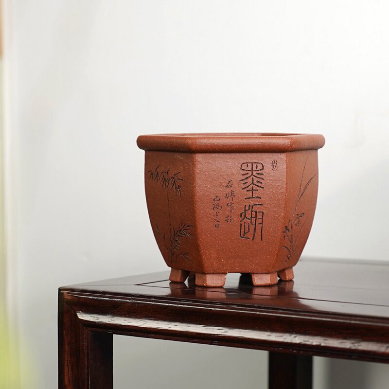 清香阁精品紫砂花盆 应小清红降坡泥六方 桌面盆景盆绿云矮种兰花
