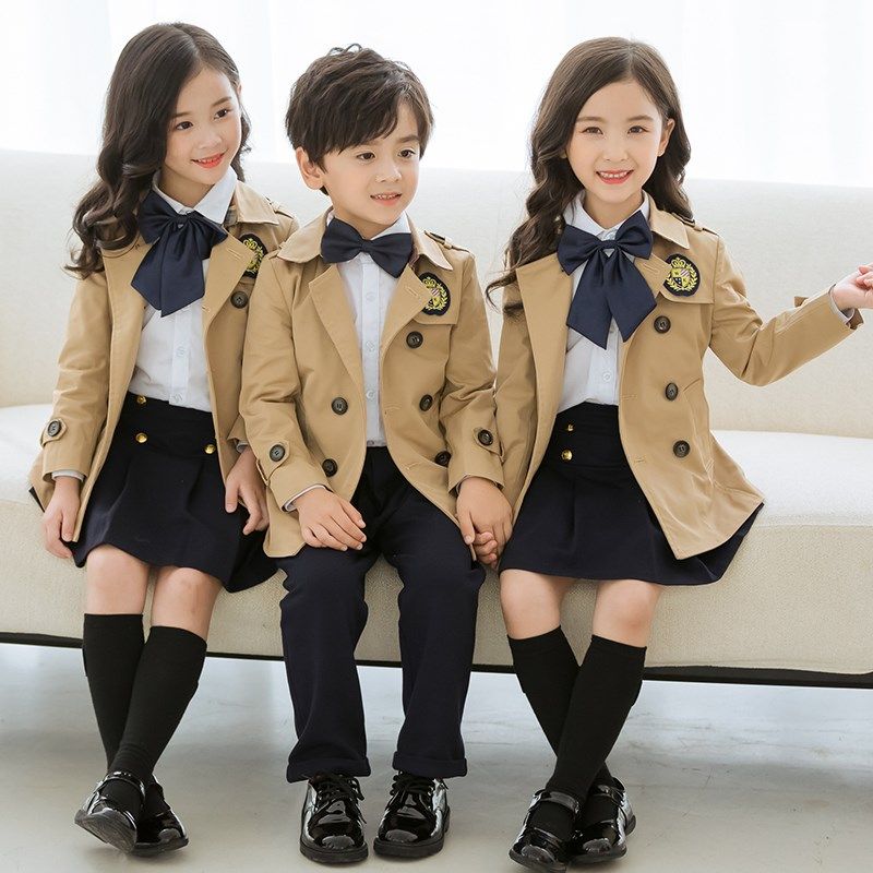 英伦学院风校服小学生新款儿童班服卡其色风衣三件套老师幼儿园服