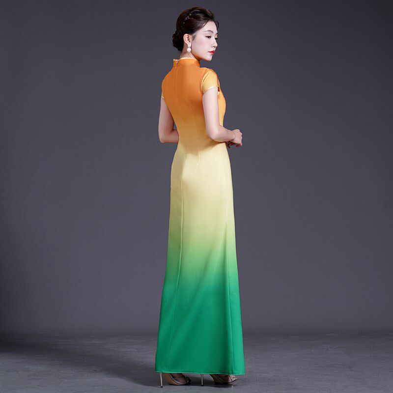 高端走秀旗袍演出服女长款鱼尾开叉优雅中国风模特团体舞台表演服