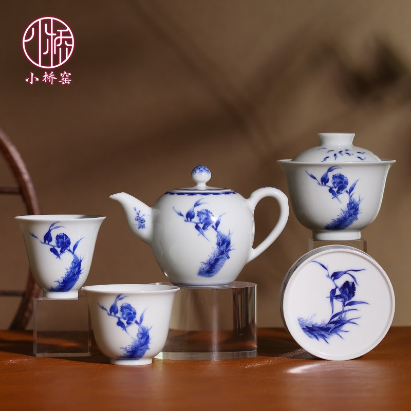小桥窑单翠主人杯盖碗仿王步青花 史来钟手绘茶杯泡茶壶壶承茶具