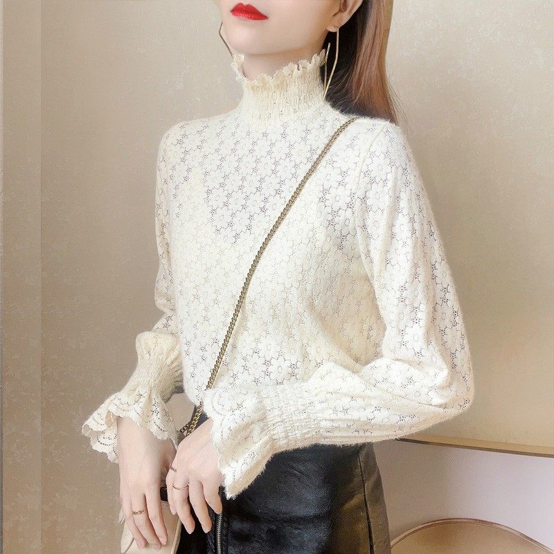 花边高领磨毛加绒蕾丝打底衫女秋冬洋气内搭加厚柔软喇叭袖上衣女