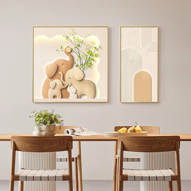 餐厅装饰画新款奶油风高级感大象绿植厨房原木风饭厅壁画餐桌挂画