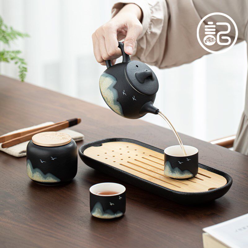 记今朝 远山一壶二杯功夫茶具套装日式陶瓷茶盘酒店民宿客房办公