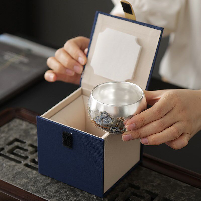 高端大号鎏银主人杯单杯个人功夫茶具品茗小茶杯手工罗汉杯礼盒装