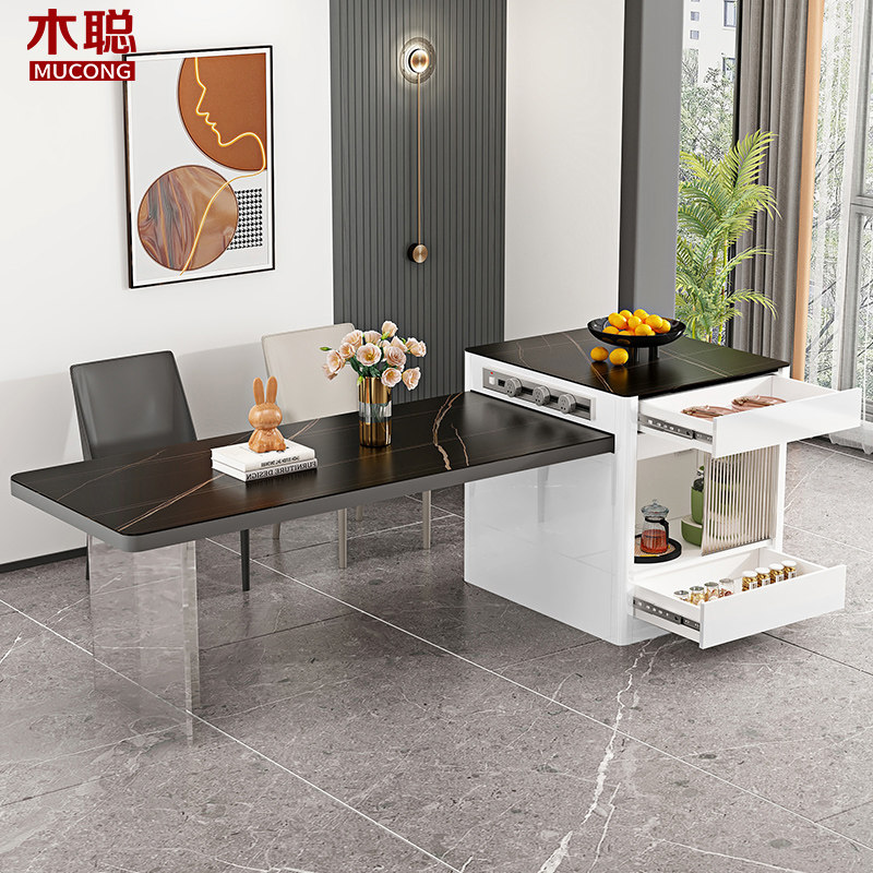 轻奢压克力悬浮岩板岛台餐桌一体可伸缩开放式厨房家用吧台小户型