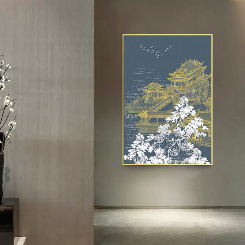 新中式入户玄关装饰画肌理金箔挂画书房轻奢立体浮雕建筑风景壁画