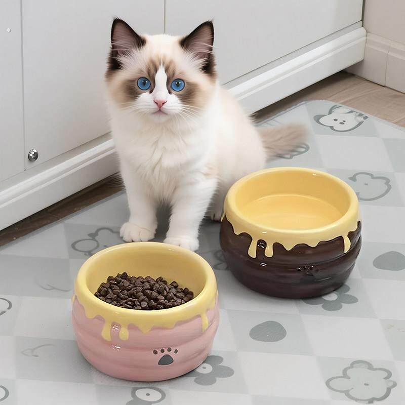 猫碗陶瓷蜜罐高脚护颈防打翻大口径猫咪食盆宠物水碗狗碗防黑下巴