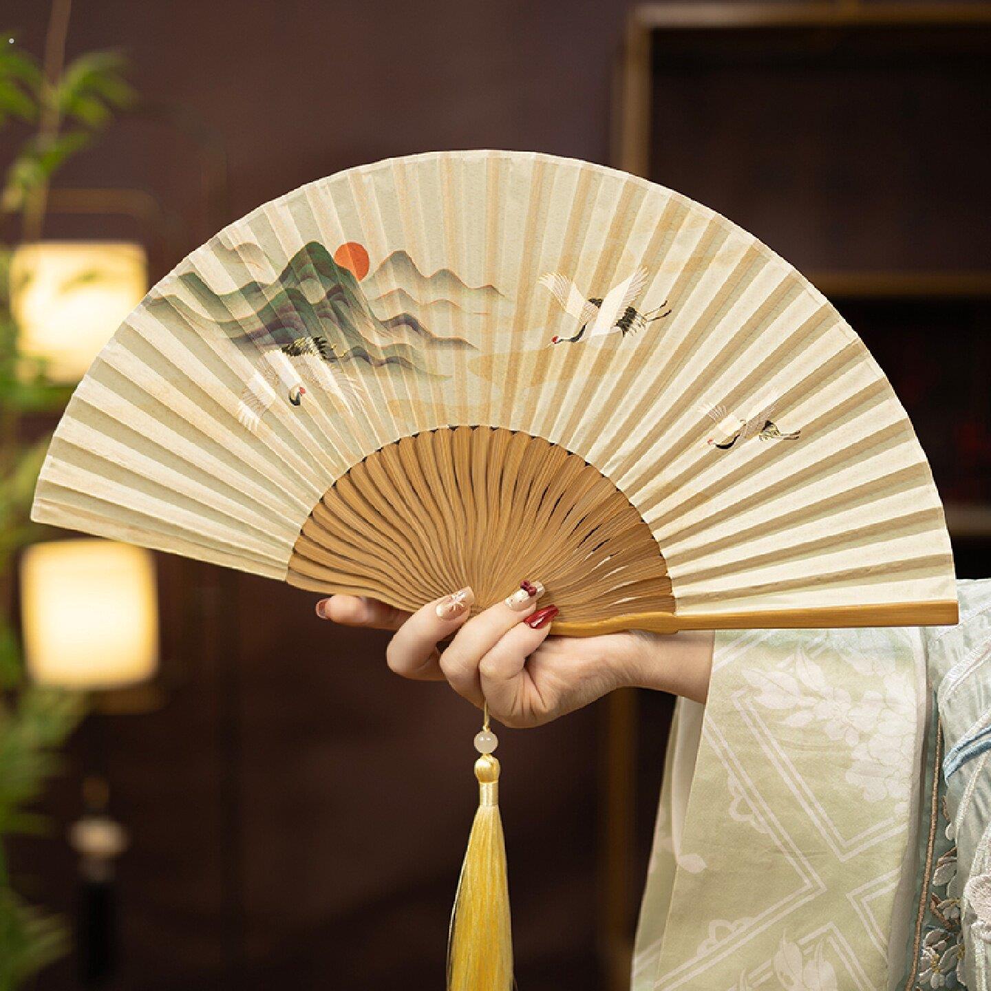 扇子古风经典款仙鹤女式夏天随时折扇中国风旗袍跳舞工艺折叠竹扇