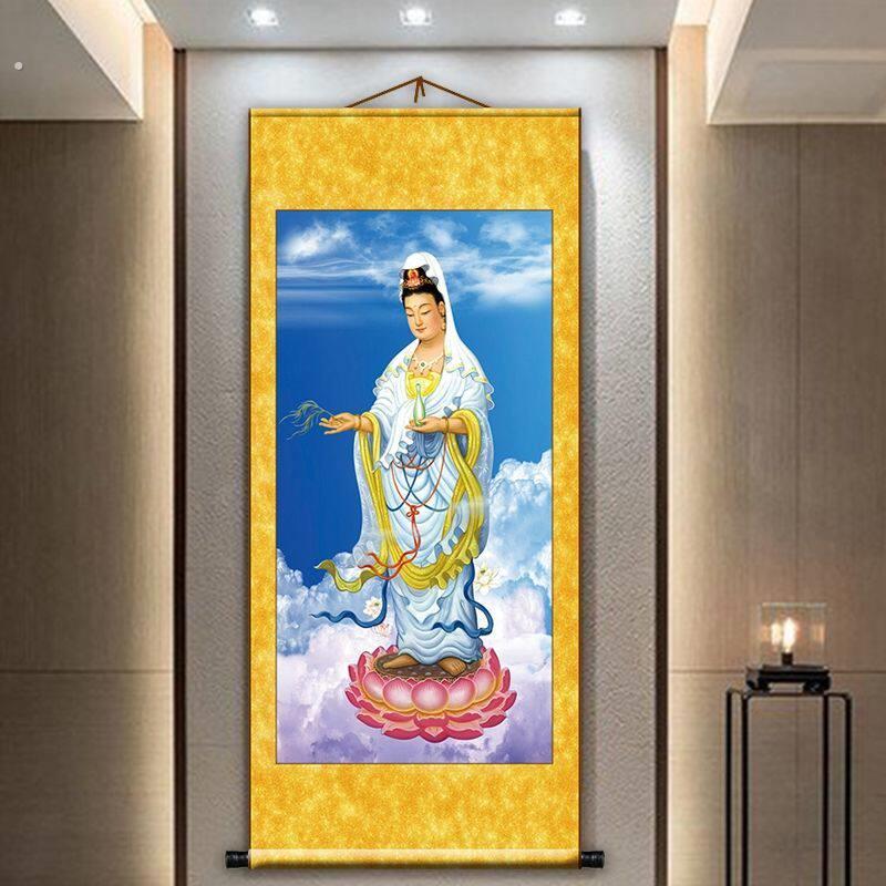 南海观世音菩萨送子观世音菩萨画像供奉丝绢布卷轴装饰画