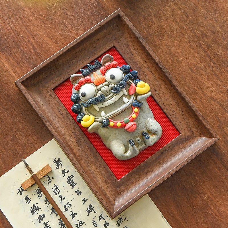 来财进宝创意貔貅客厅装饰画挂画立体手工陶瓷桌面摆件可爱狮子