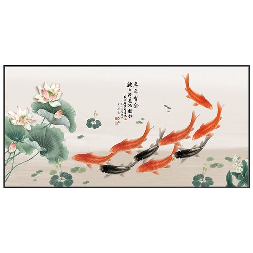 网红新中式沙发背景水墙装饰画客厅财墙面九鱼图招风沙发后面的挂
