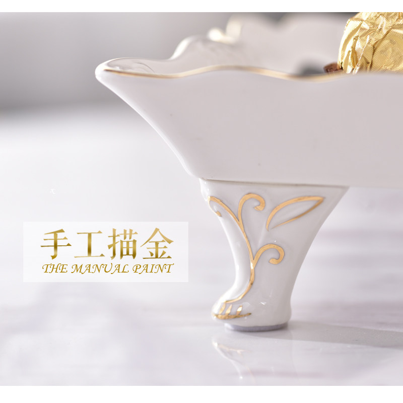 陶瓷托盘长方形家用欧式茶具咖啡杯玻璃水杯蛋糕收纳盘描金花茶盘