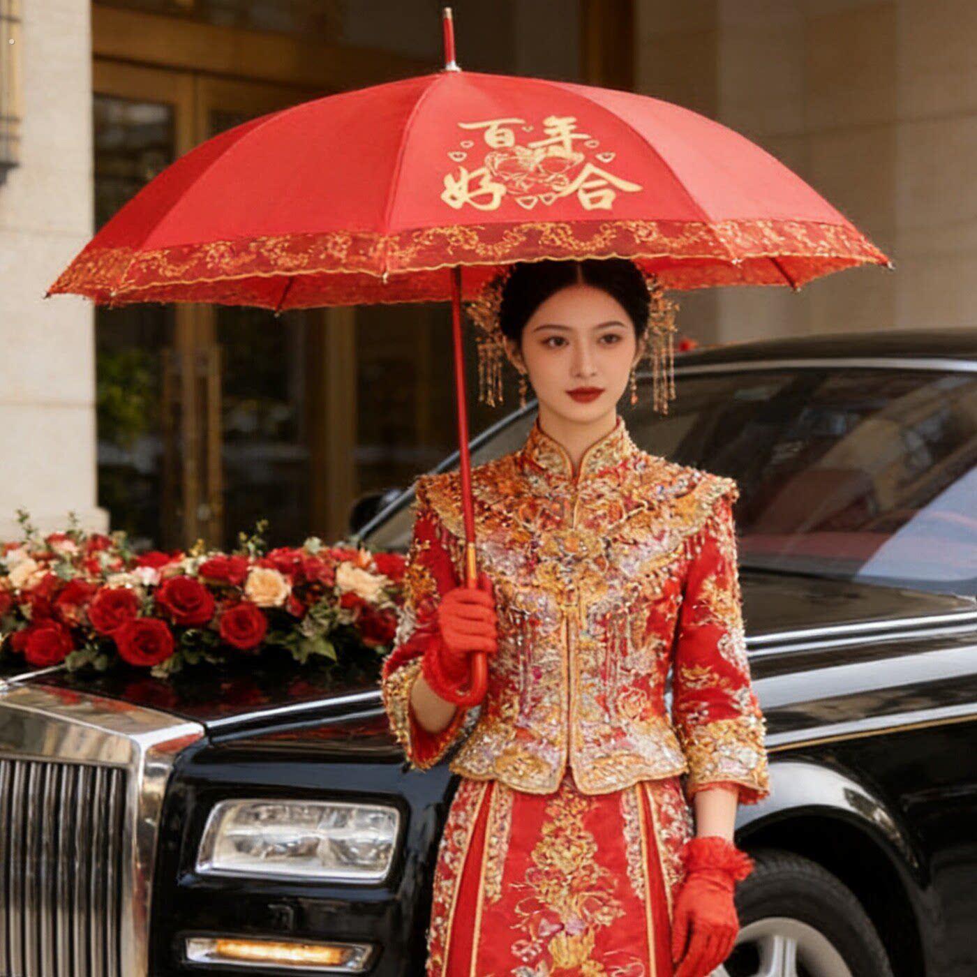结婚用品新娘出门大红伞喜庆婚伞婚庆红色全自动亮片长柄伞晴雨伞