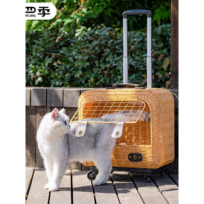 便携式藤编猫咪拉杆箱猫咪外出小推车夏季透气宠物外出箱猫笼猫窝