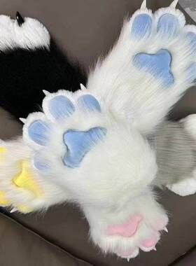 喵喵彩色兽装爪子叽叽叫猫娘手套爪子毛绒手套猫爪子成品