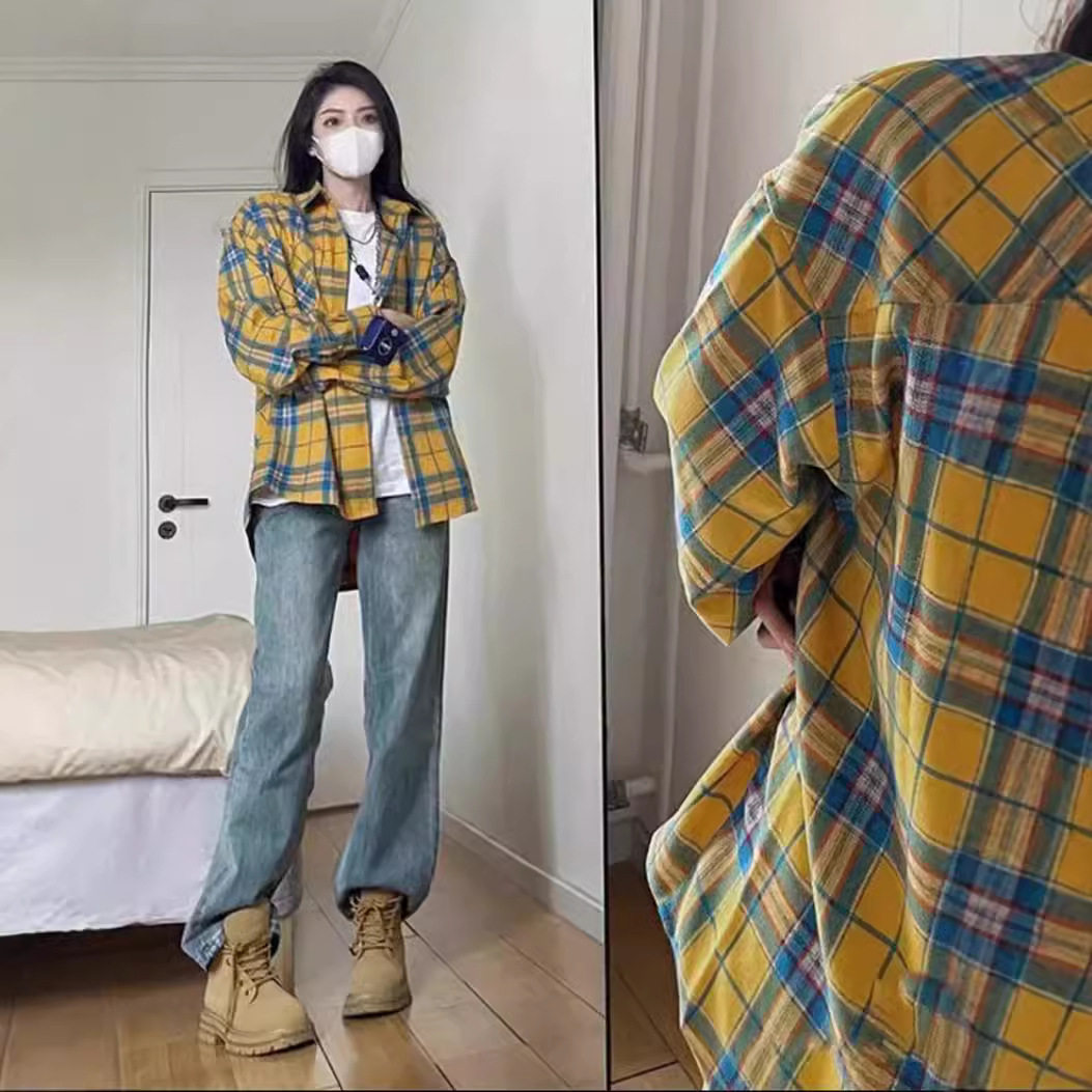 法式黄色格子衬衫衬衣外套女春秋季2026年新款小个子内搭长袖上衣