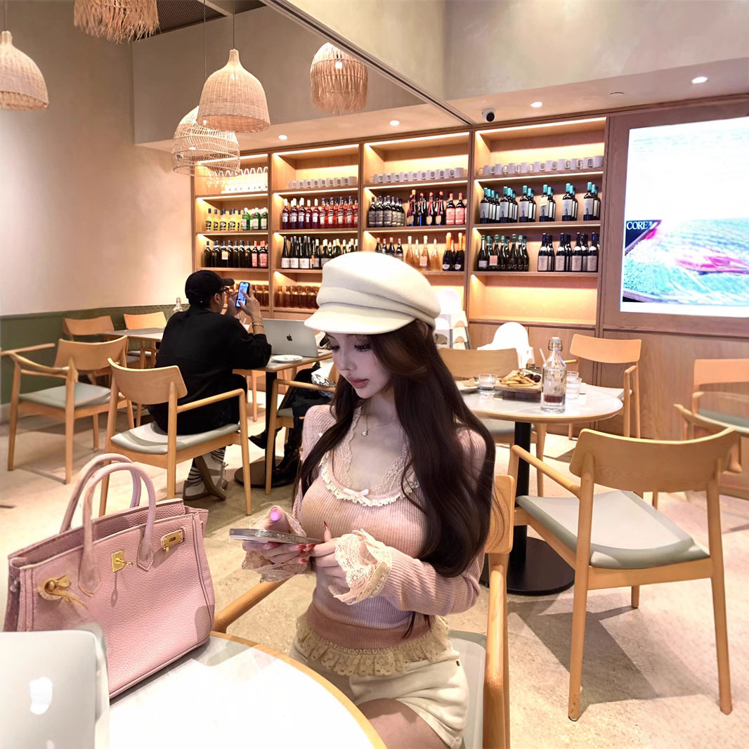 蕾丝拼接假两件针织衫女冬季长袖收腰修身内搭纯欲粉色打底衫上衣