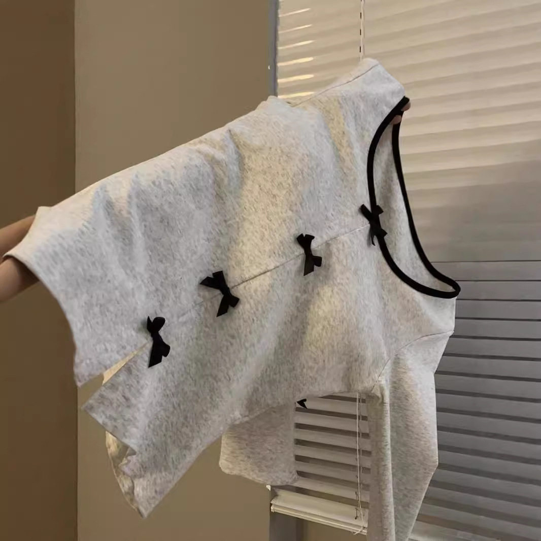 花灰色撞色蝴蝶结长袖t恤女春秋小个子超好看修身短款打底衫上衣