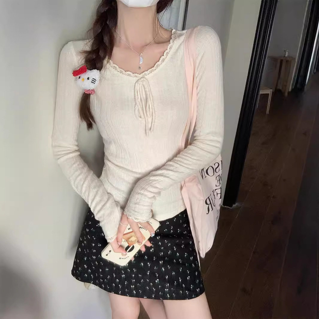 2026春秋新款法式花边圆领长袖打底衫女修身小个子内搭t恤小上衣