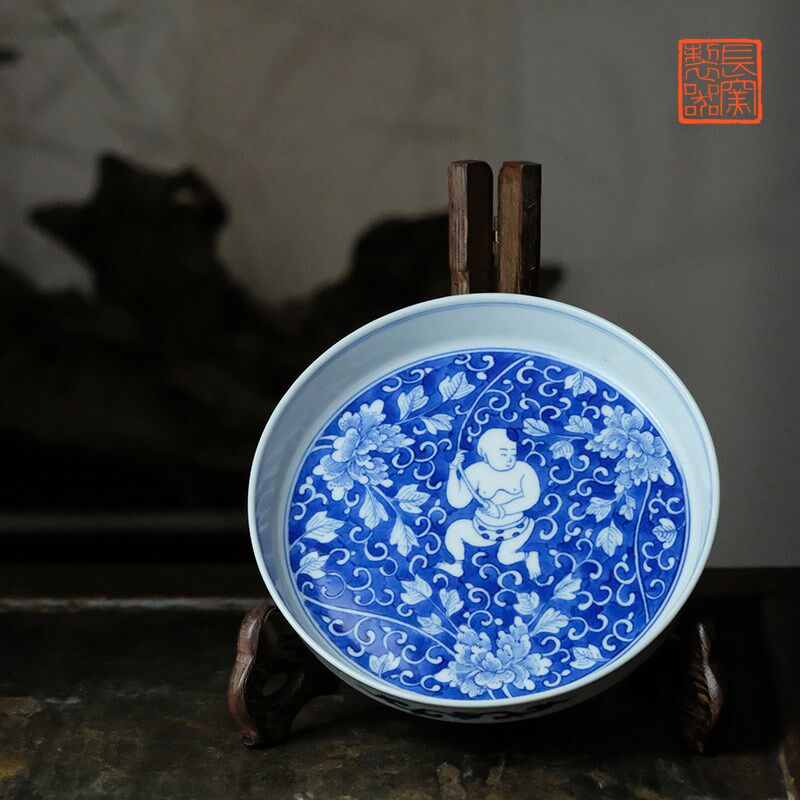 长窑制器长物居仿康熙风格青花连生贵子盘景德镇茶具壶承陶瓷