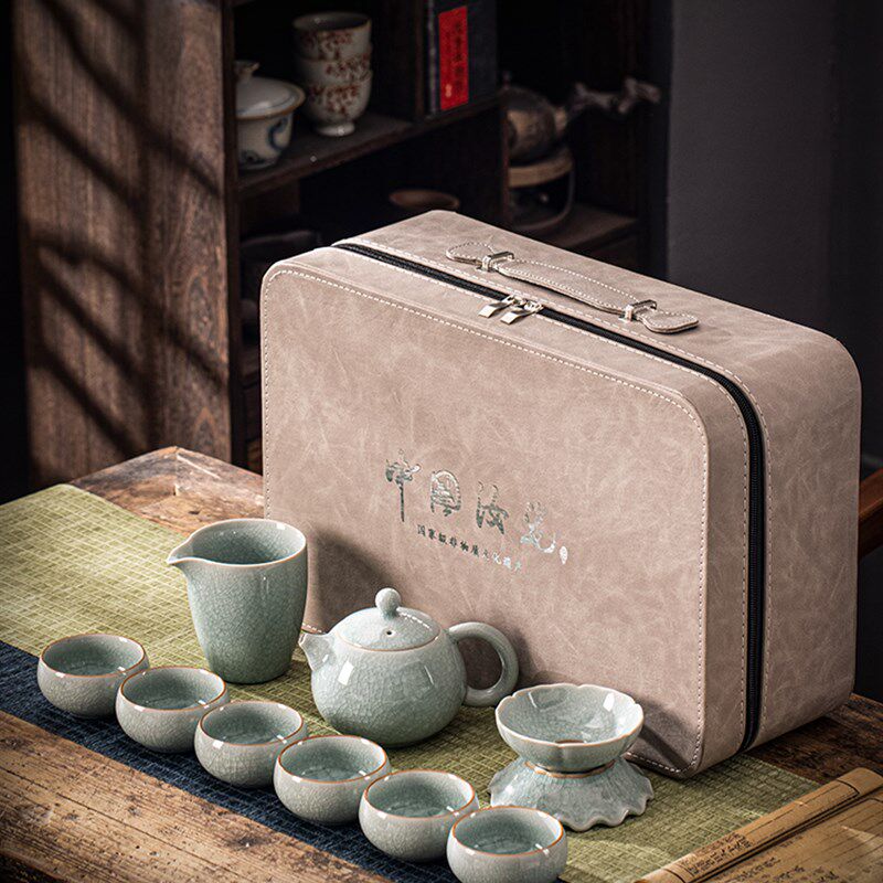 青瓷茶具套装冰花釉开片功夫茶具家用办公室轻奢中式陶瓷盖碗茶杯