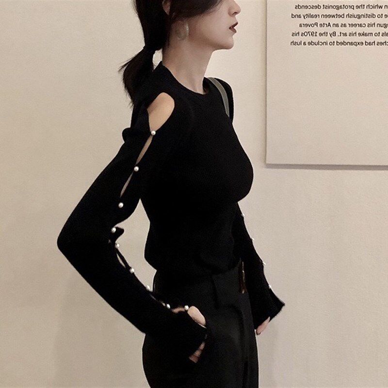 珍珠露肩针织衫T恤女春季性感紧身破洞镂空毛衣修身打底长袖上衣