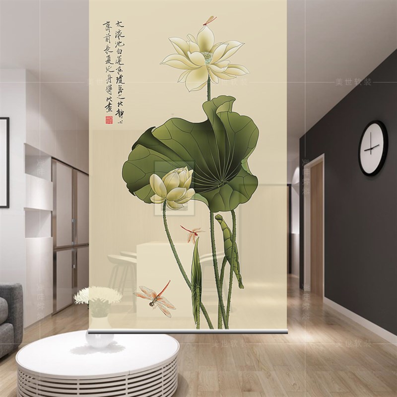 中式挂式屏风隔断玄关帘软隔断时尚客厅玄关挂屏卷帘【荷花4】