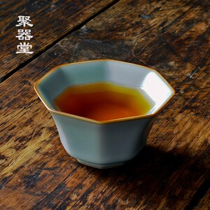 聚器堂天青汝窑陶瓷主人杯大号可养开片八方杯单杯茶盏八方聚财杯