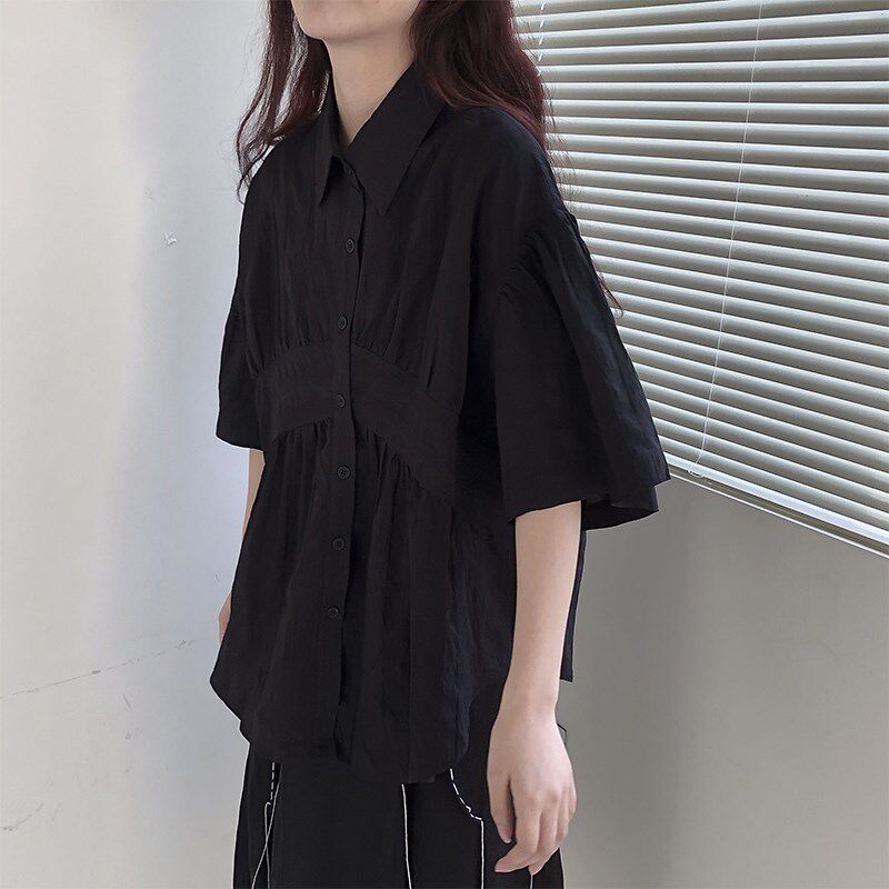 陆与山屿设计款工艺女士衬衫短袖夏季白色防晒衫上衣短款衬衣外套