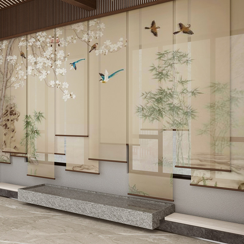 新中式透明卷帘窗帘屏风帘隔断帘挂式升降遮光帘子软隔断玄关花鸟