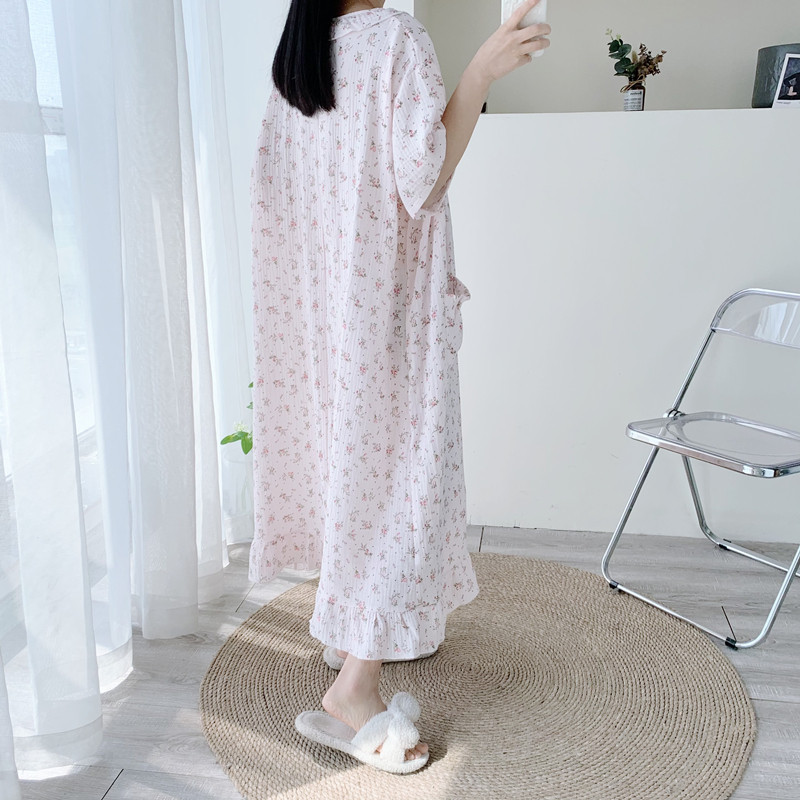 加大码纯棉双层纱短袖开襟外套睡裙夏季宽松孕妇胖mm200斤长版睡