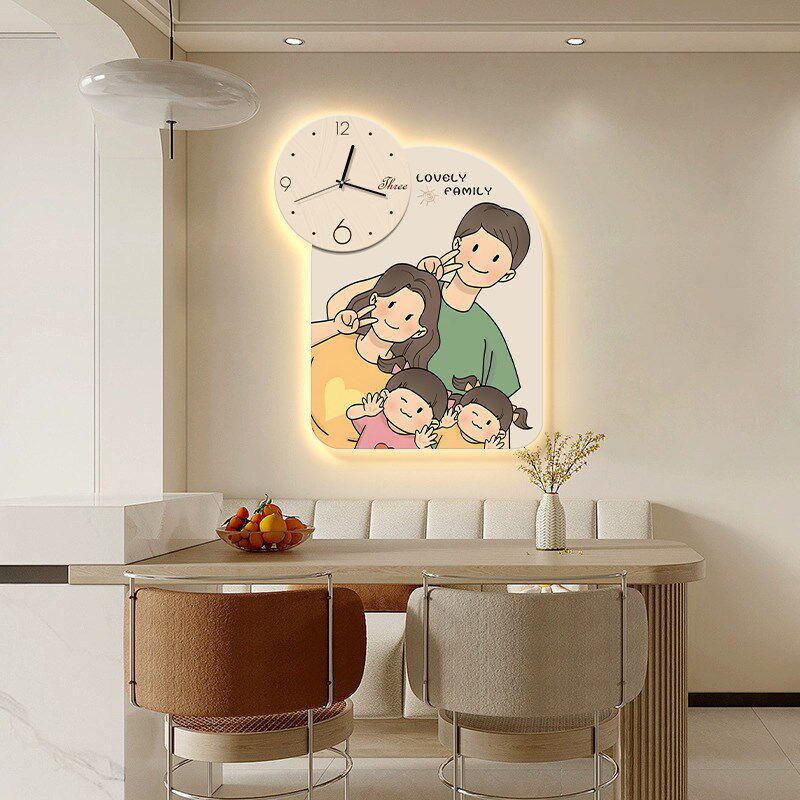 一家三四口时钟表挂钟客厅家用挂画网红餐厅装饰画创意挂墙壁画灯