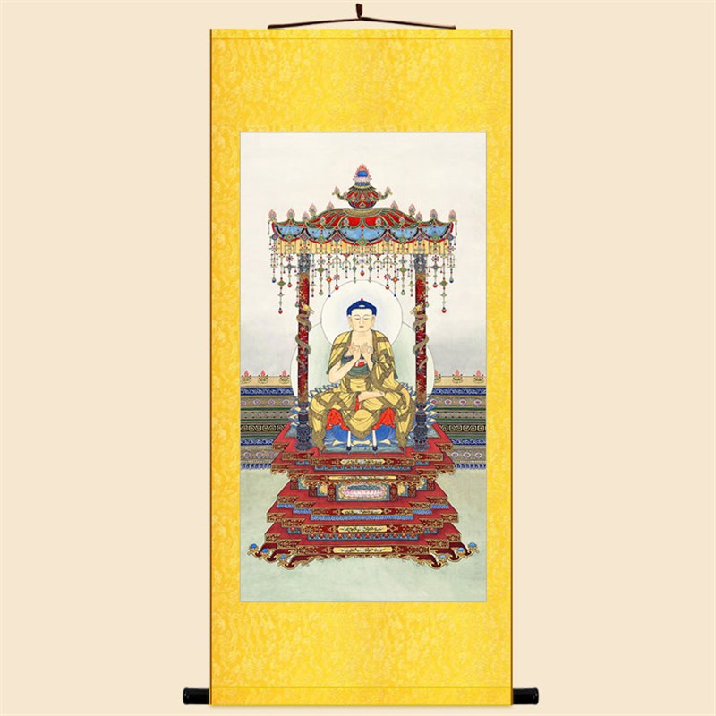 弥勒佛画像 天冠弥勒菩萨佛像画 绢布卷轴挂画装饰画来图定制订做