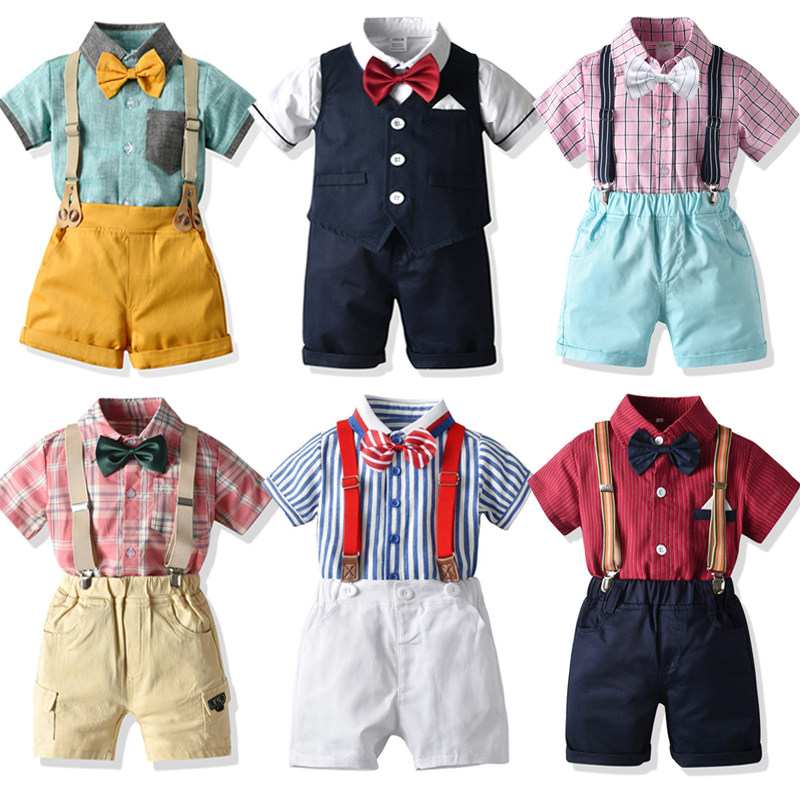 2021夏季新款男童装套装男宝宝婚礼服花童领结短袖衬衫条纹背带裤