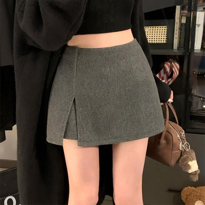 灰色毛呢半身裙女新款百搭高腰显瘦包臀裙a字裙开叉裙裤短裙子黑