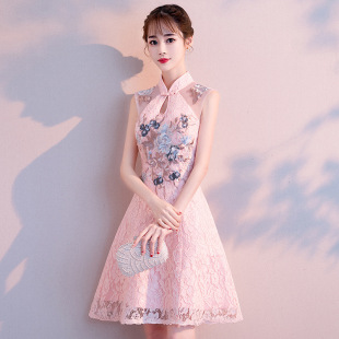 2026新款年轻旗袍夏季女短款中国风少女改良版粉色伴娘礼服连