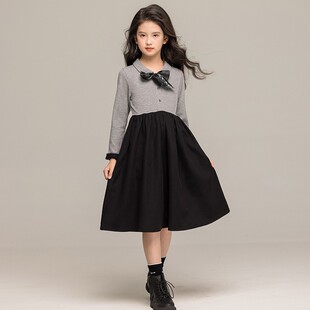 2026新款女童秋装拼色连衣裙韩版女孩衣服蝴蝶结大童女装衬衫领裙