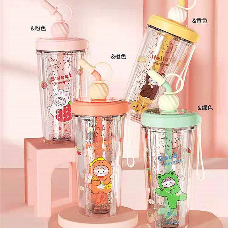 新创意朝流卡通可爱旋风吸管搅拌杯时尚双层塑料学生少女心吸管杯
