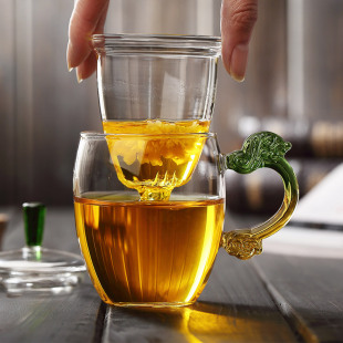 美斯尼 琉璃把水杯玻璃杯带盖女士玻璃茶杯过滤泡茶杯茶水分离