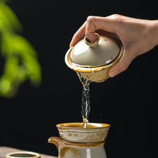 不单典雅粗陶盖碗三才碗描金功夫茶具敬茶碗家用办公室泡茶喝茶杯