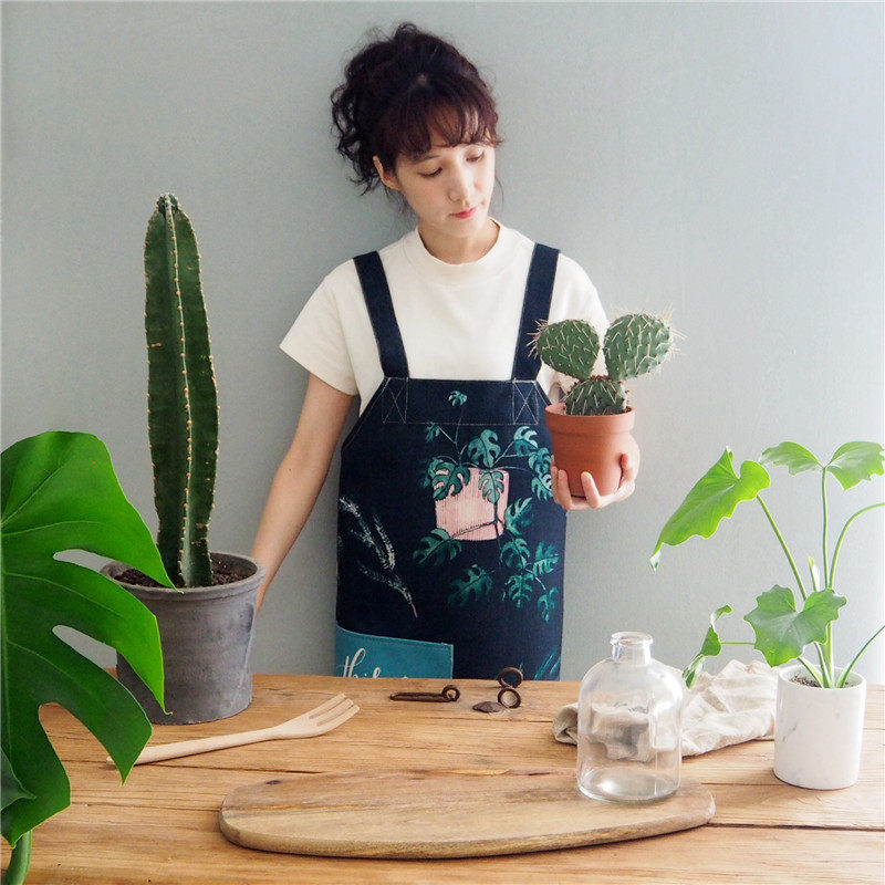 北欧植物厨房围裙烘焙做饭居家用厨师罩衣围腰工作坊店员服男女