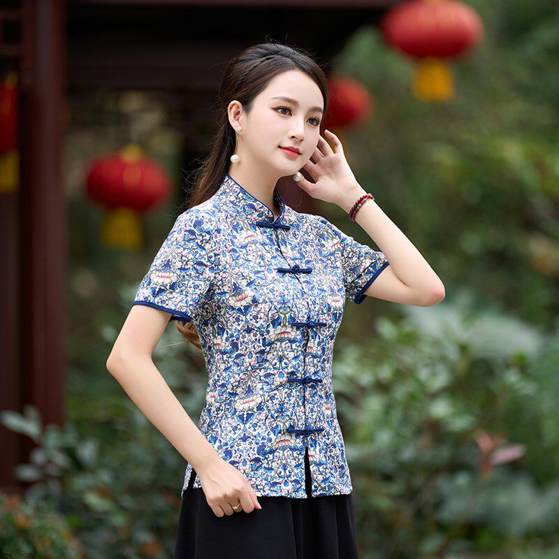 新款唐装女短袖旗袍式上衣修身复古中式改良中国风盘扣茶服女素衣