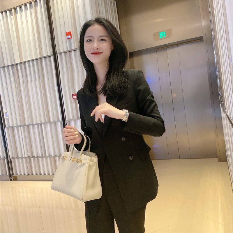 夏季新款黑色珍珠麻双排扣修身西装直筒裤套装女 半里布