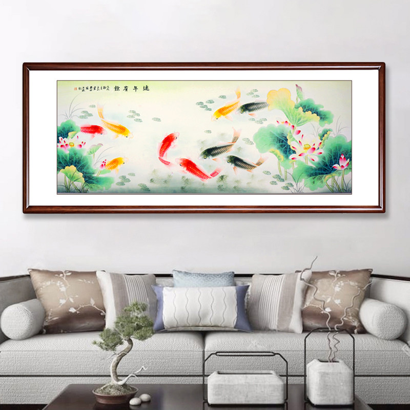 九鱼图客厅装饰画新中式玄关纯手绘国画荷花鲤鱼图沙发背景墙挂画