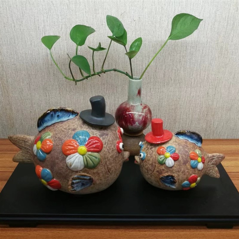 陶瓷河豚鱼创意摆件新中式电视柜博古架餐厅装饰品小鱼儿海鱼摆设